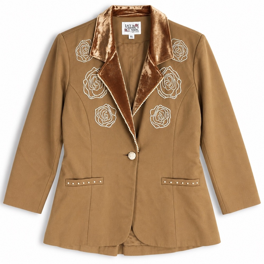 Vintage 1990s Lacy Afternoon Shell Kepler XL Velvet Floral Blazer Brown
